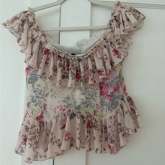 Anthropologie Floral Ruffle Blouse in Pink and ivory - Picture 2 of 5